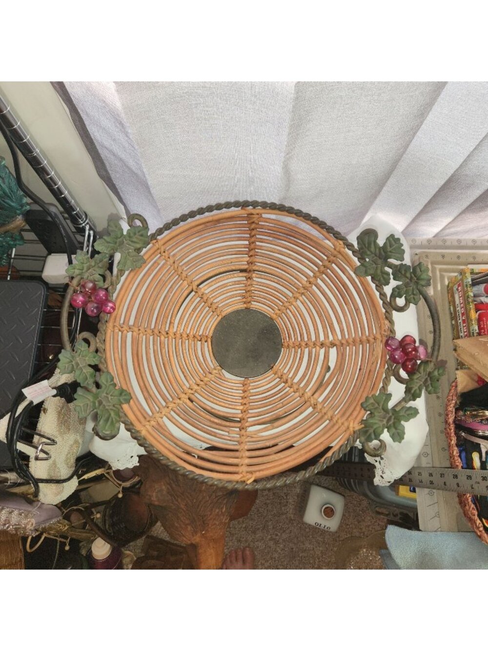 Vintage Metal & Wicker Basket8 Tray Center piece With Grape & Leaf Accents Bohem